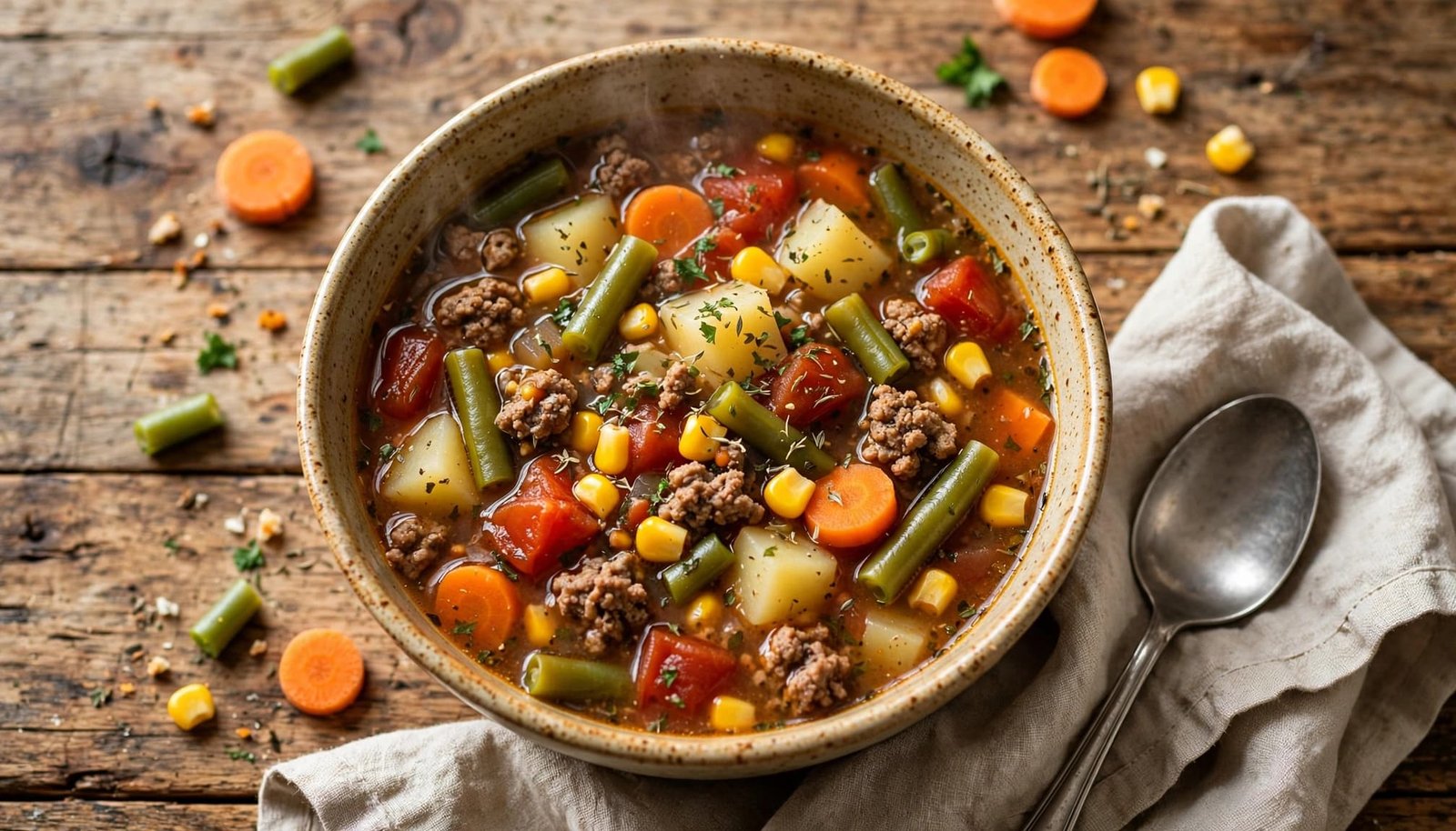 Bowl of beef vegetable soup with potatoes, carrots, green beans, and corn on a rustic table.