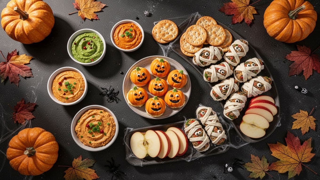 Halloween appetizers, dips, crackers, and fruit arranged on a dark table.