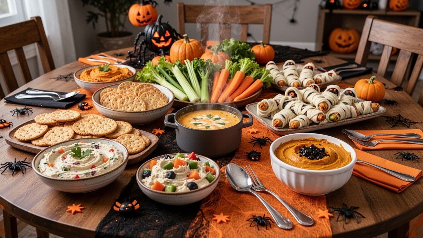 Halloween snacks and dips arranged on a dining table with separate serving utensils.