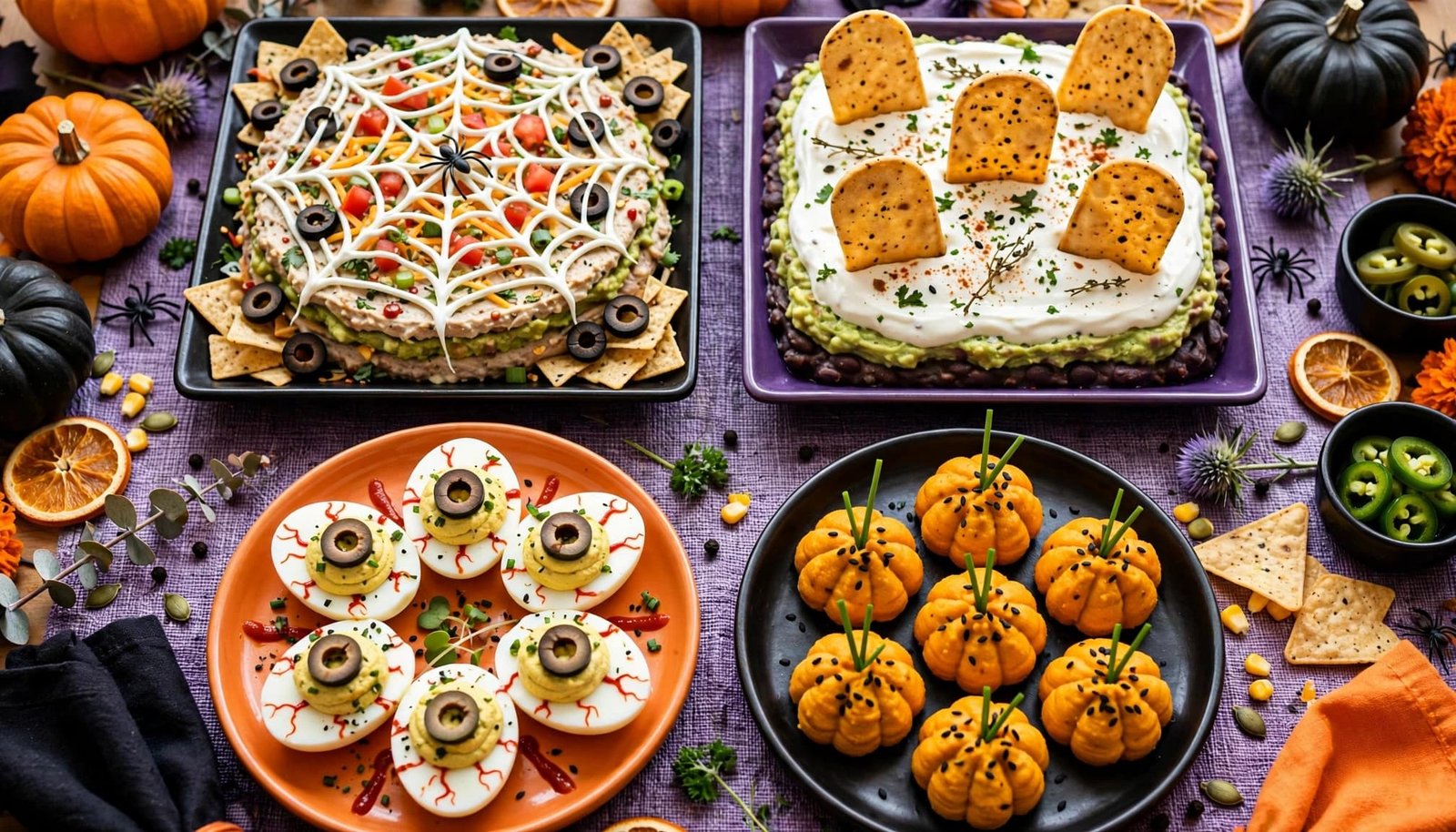Halloween dips and decorated deviled eggs arranged in shallow serving dishes.