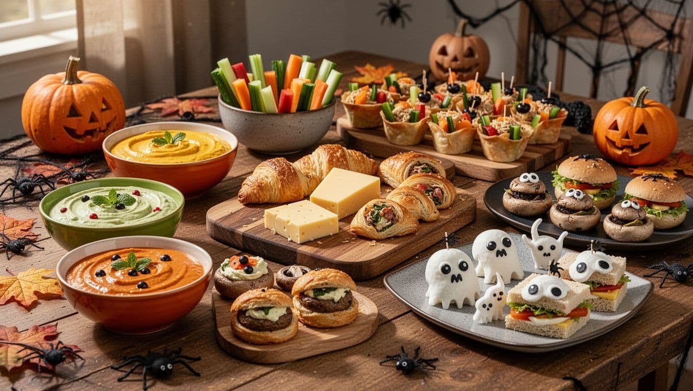 A Halloween appetizer spread with dips, cheese, pastries, vegetables, mushrooms, and mini sandwiches.