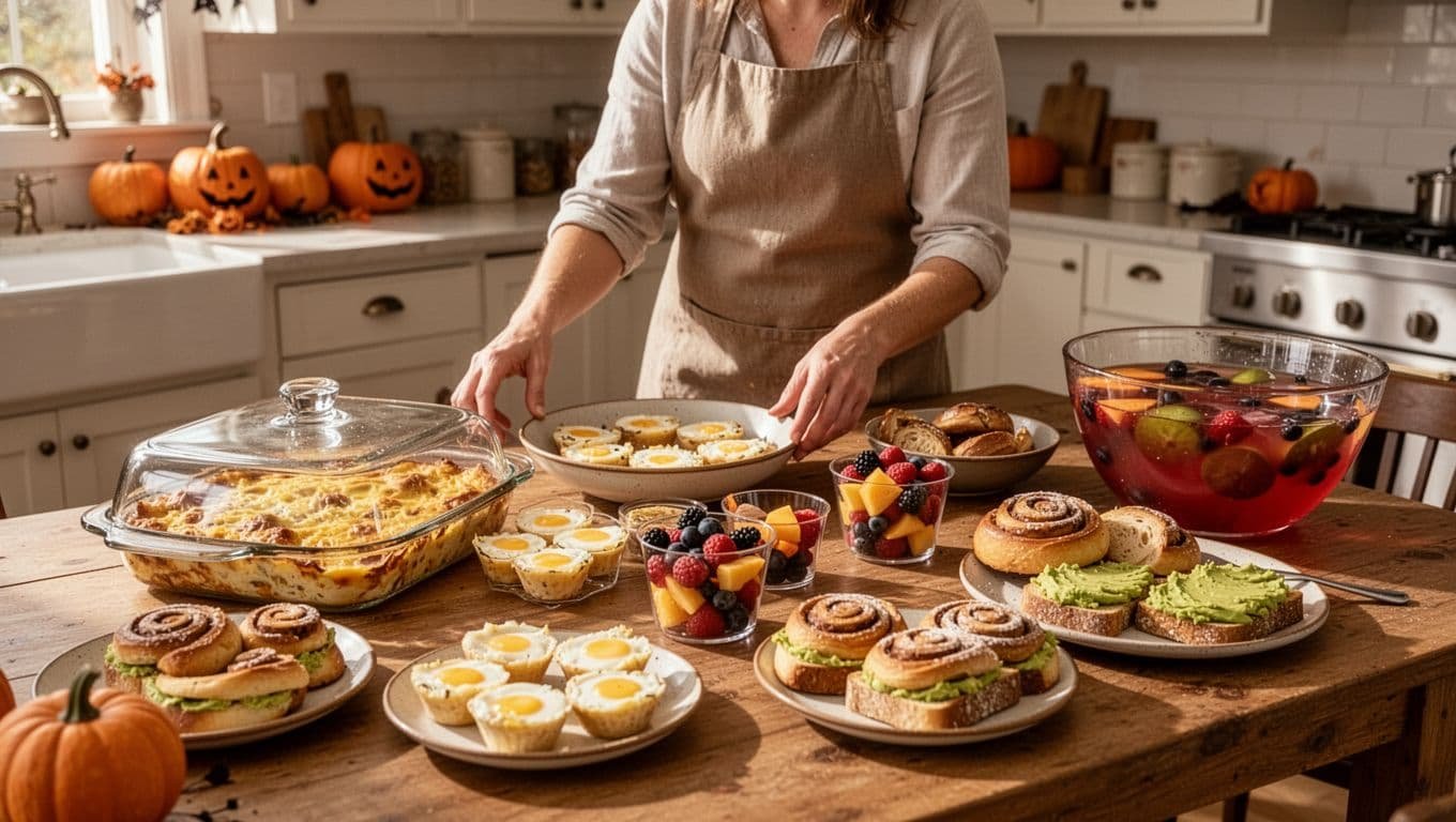 A cook arranges Halloween brunch dishes on a kitchen table.