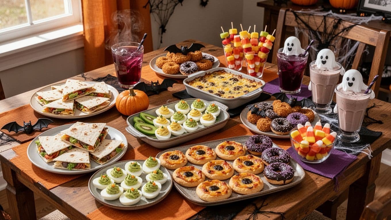 Halloween brunch buffet with savory dishes, fruit treats, colorful drinks, and festive dessert cups.