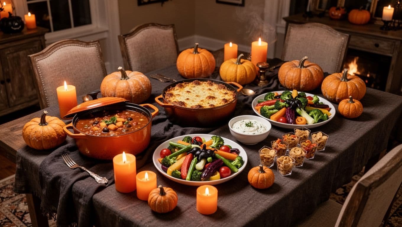 Five Halloween buffet dishes arranged on a candlelit autumn dining table.