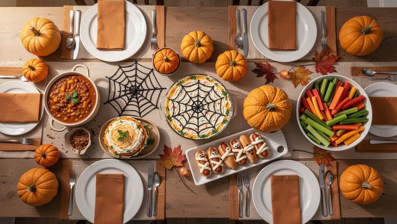 Halloween buffet with pumpkin chili, themed dips, mummy hot dogs, vegetables, pumpkins, and autumn napkins.