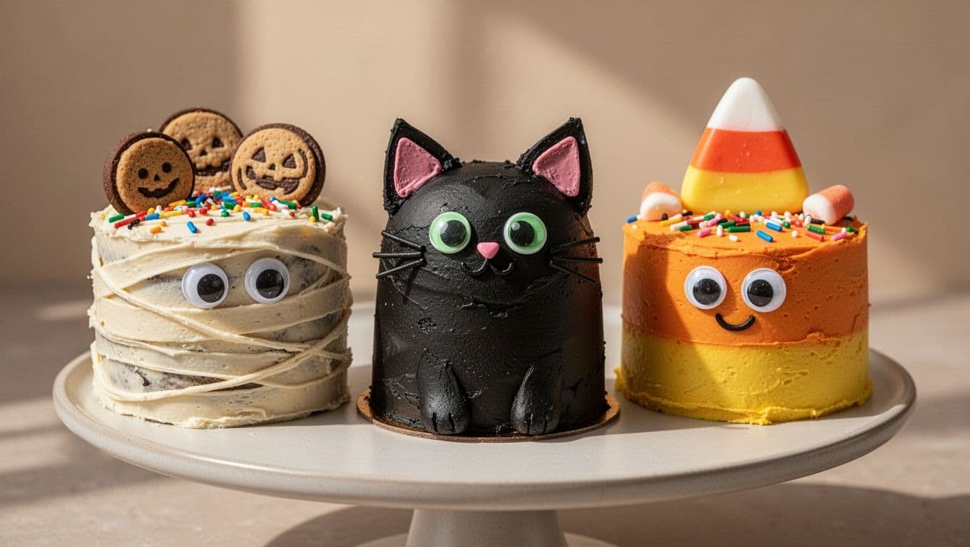 Three cute Halloween cakes with buttercream, cookies, sprinkles, and candy eyes on a dessert stand.