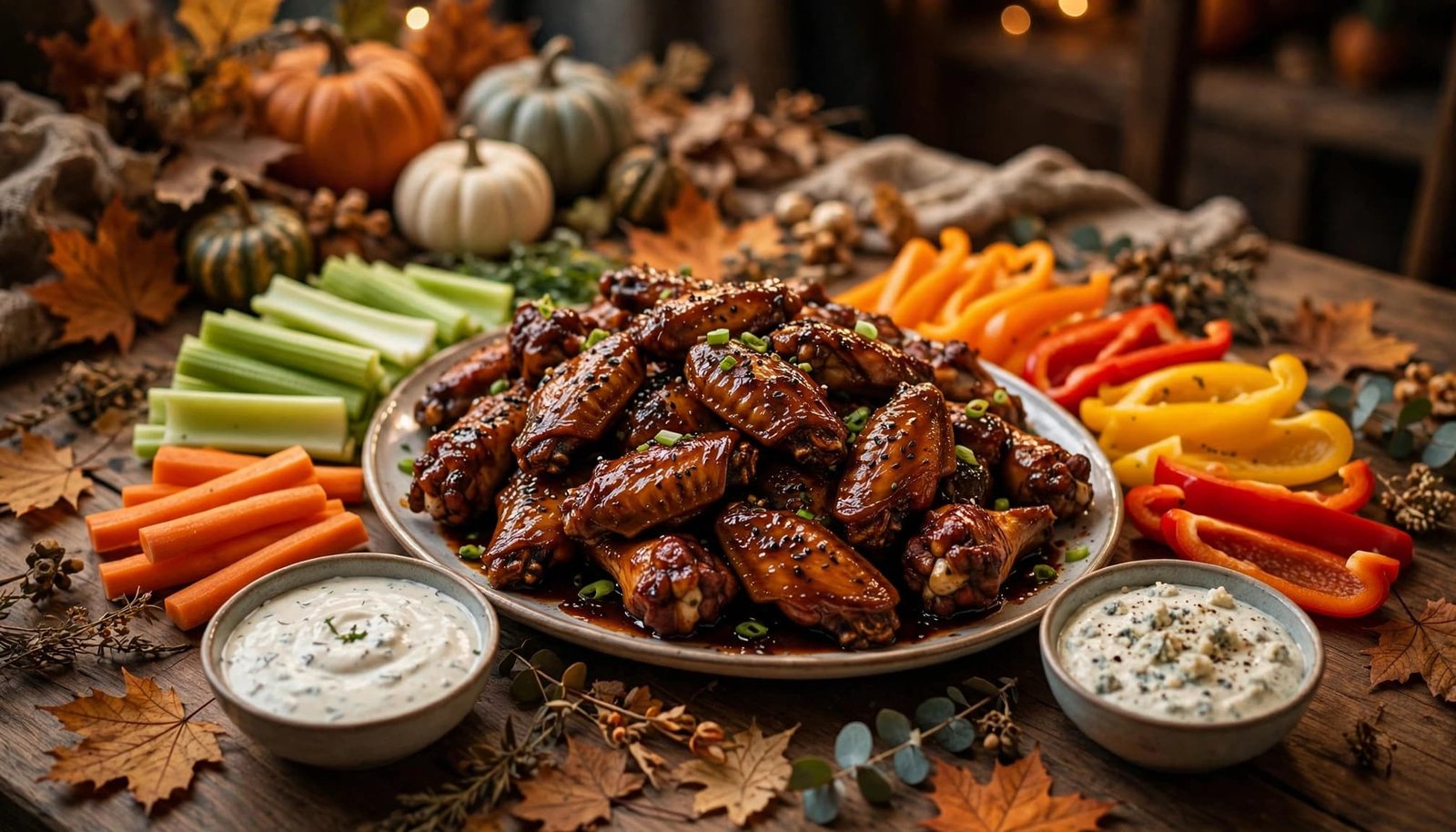 Glazed chicken wings with dipping sauces and vegetables on a festive table.