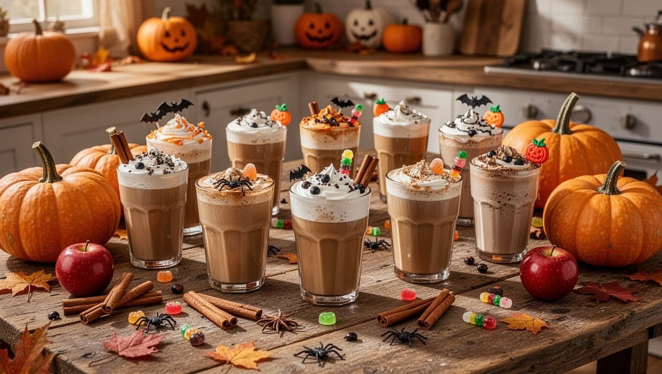 Nine colorful Halloween coffee drinks arranged on a rustic table with pumpkins and fall garnishes.