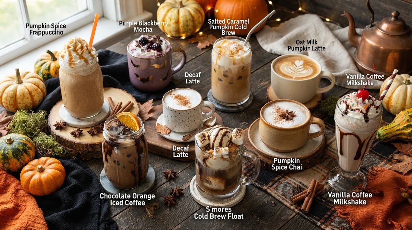 Nine festive coffee drinks arranged on a rustic table with pumpkins and cinnamon sticks.