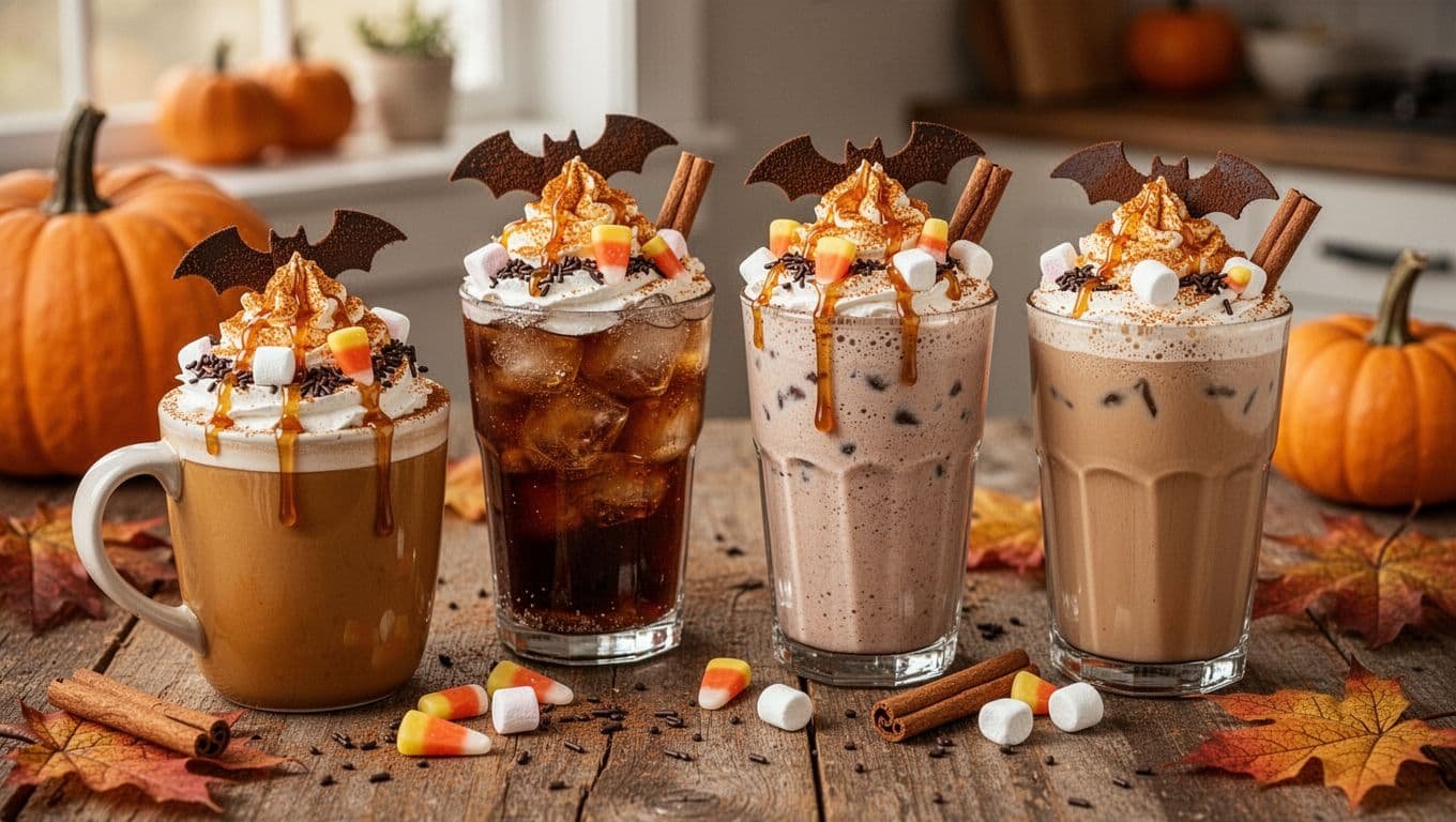 Four Halloween coffee drinks with festive garnishes on a rustic autumn table.