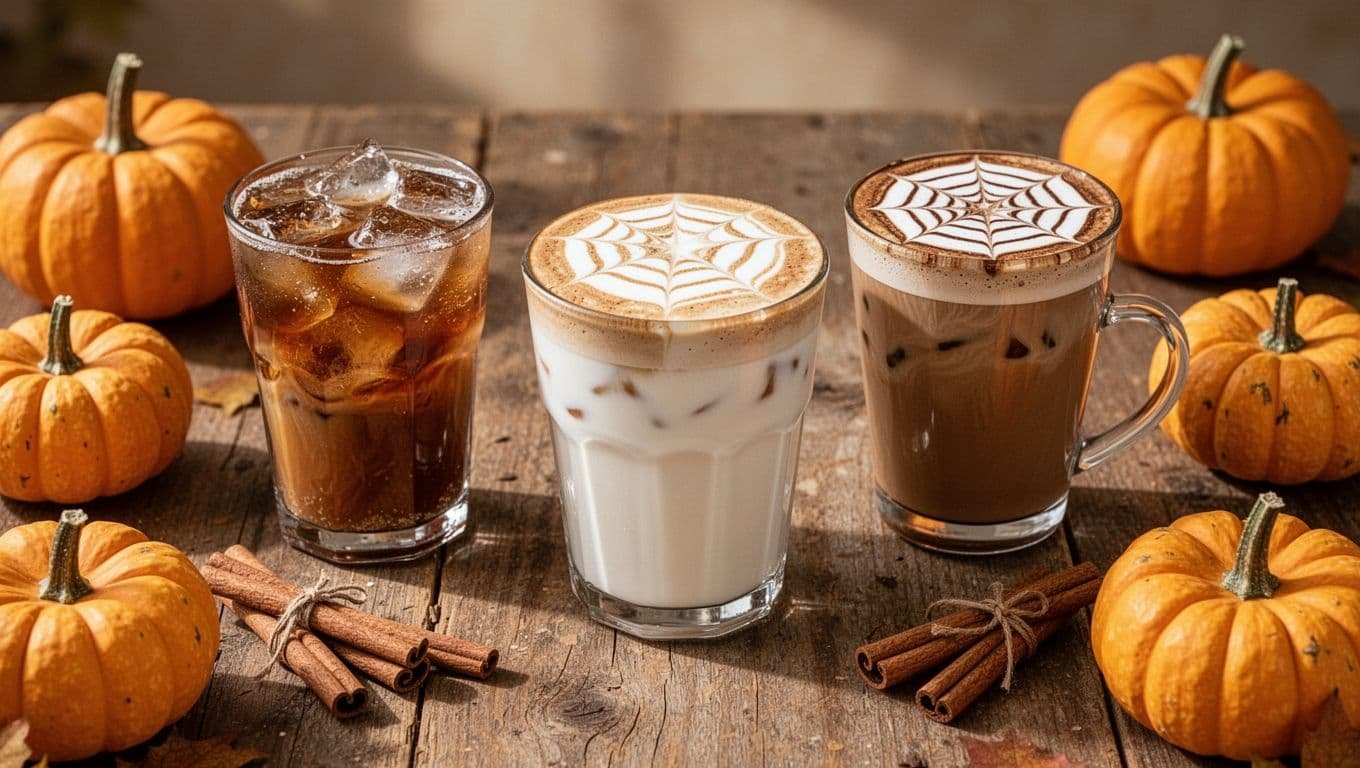 Three Halloween coffee drinks with pumpkins and cinnamon on a rustic table.