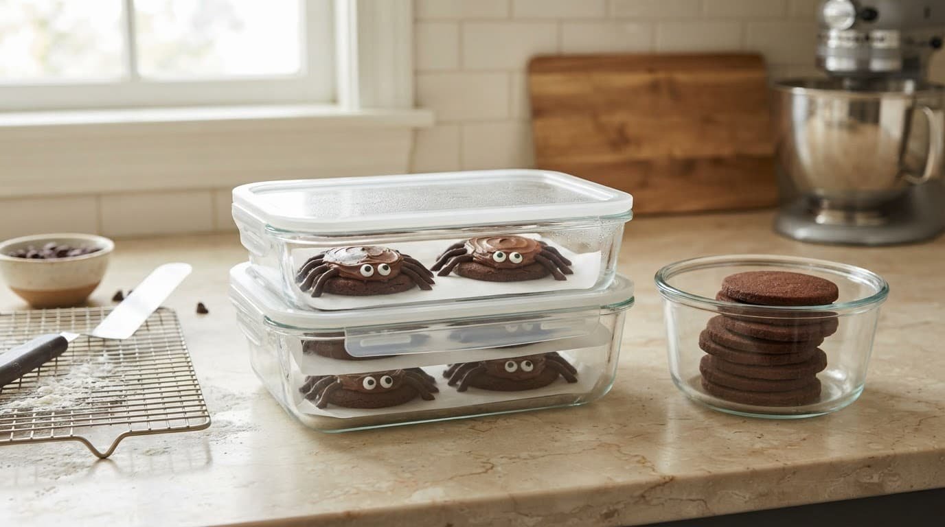 Four spider cookies sit in a sealed container beside plain cookies and a cooling rack.