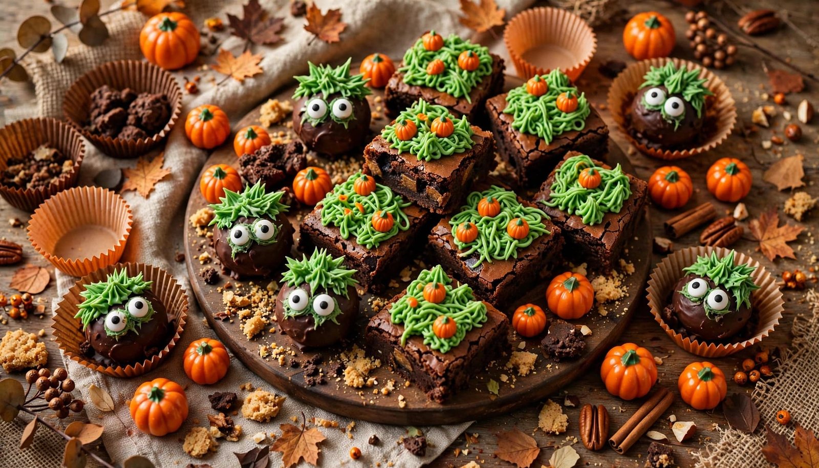 Halloween platter with monster truffles, pumpkin brownies, candy pumpkins, and green frosting.