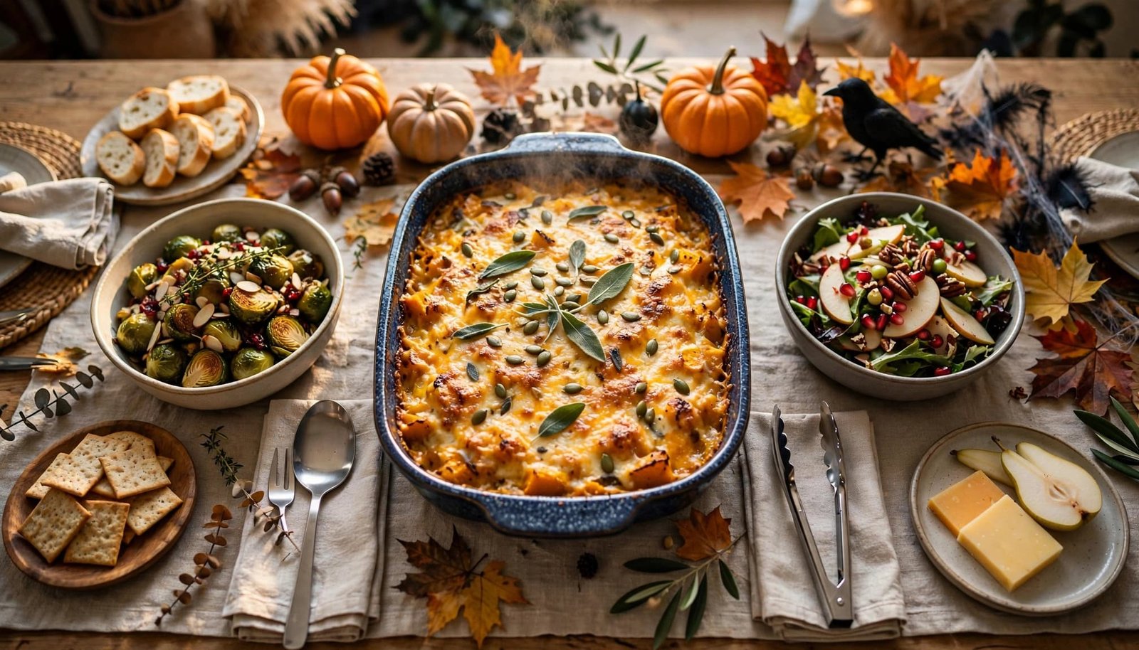 Halloween buffet with a casserole, side dishes, serving platters, pumpkins, and autumn leaves.