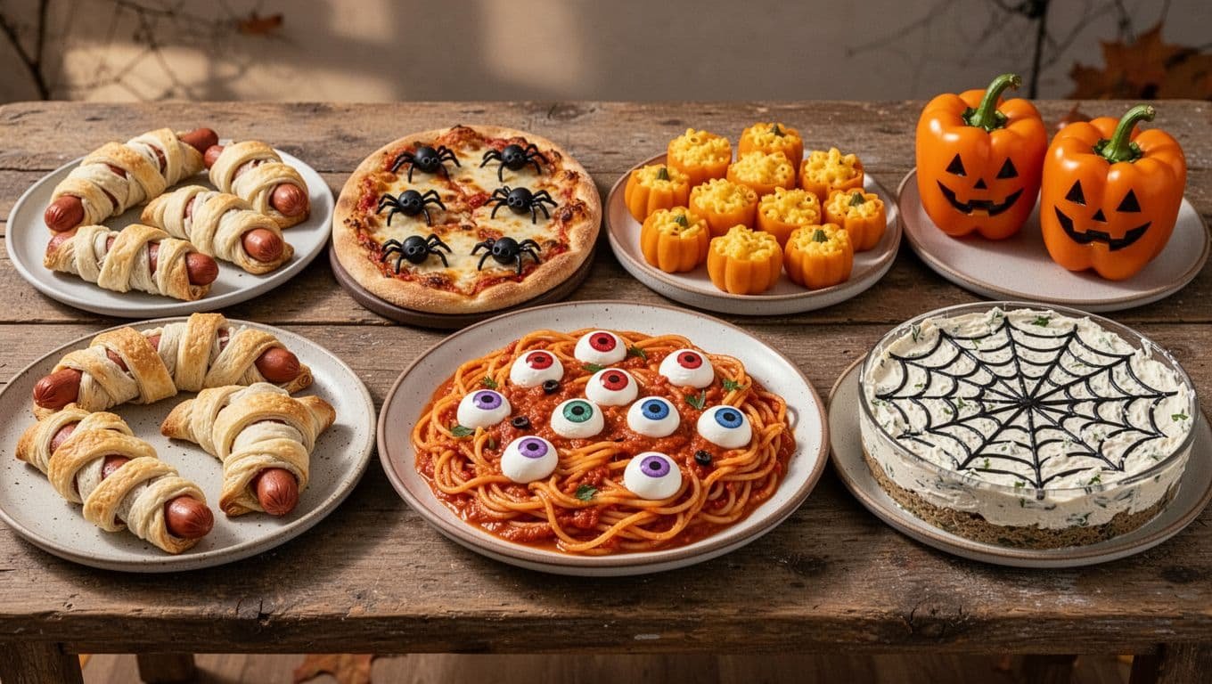 A rustic table displays six playful Halloween dinner dishes in serving bowls and platters.