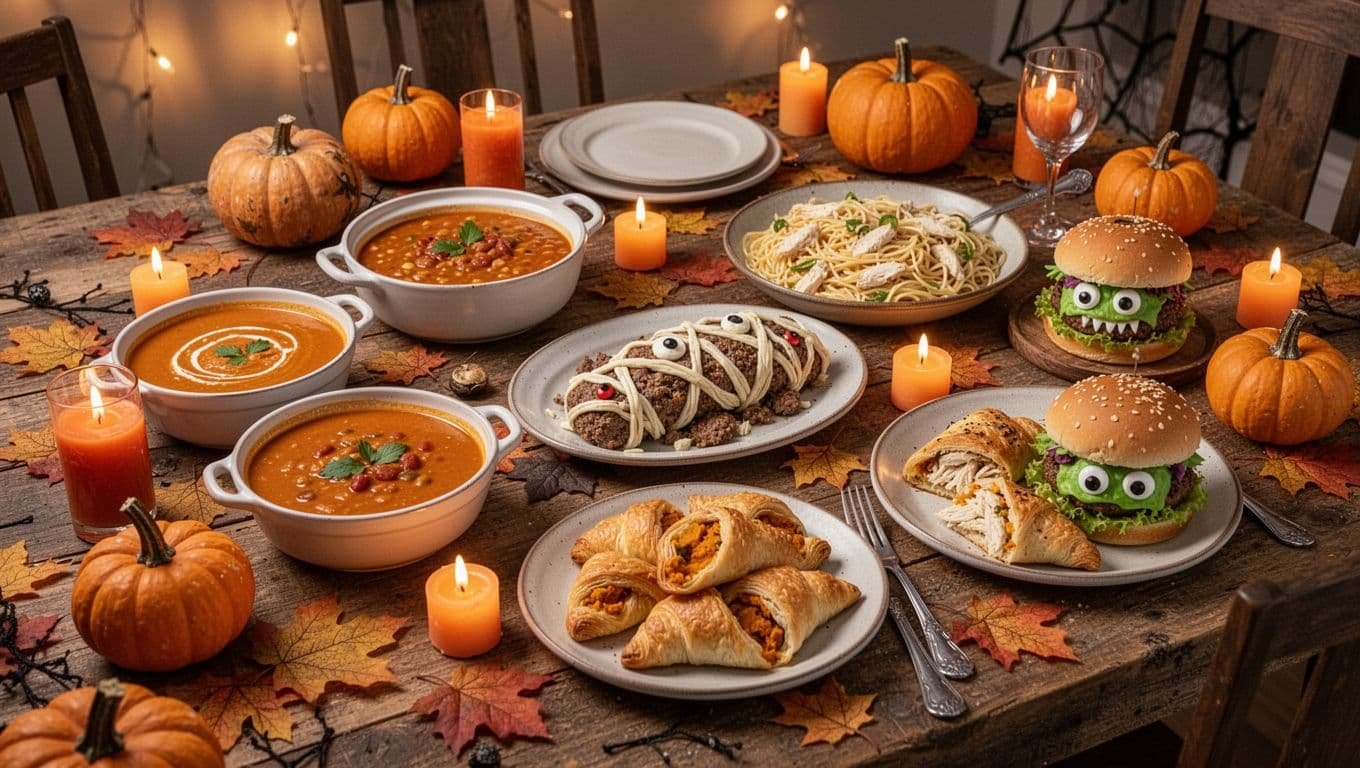 Six Halloween dishes arranged on a rustic table with pumpkins, leaves, and glowing candles.