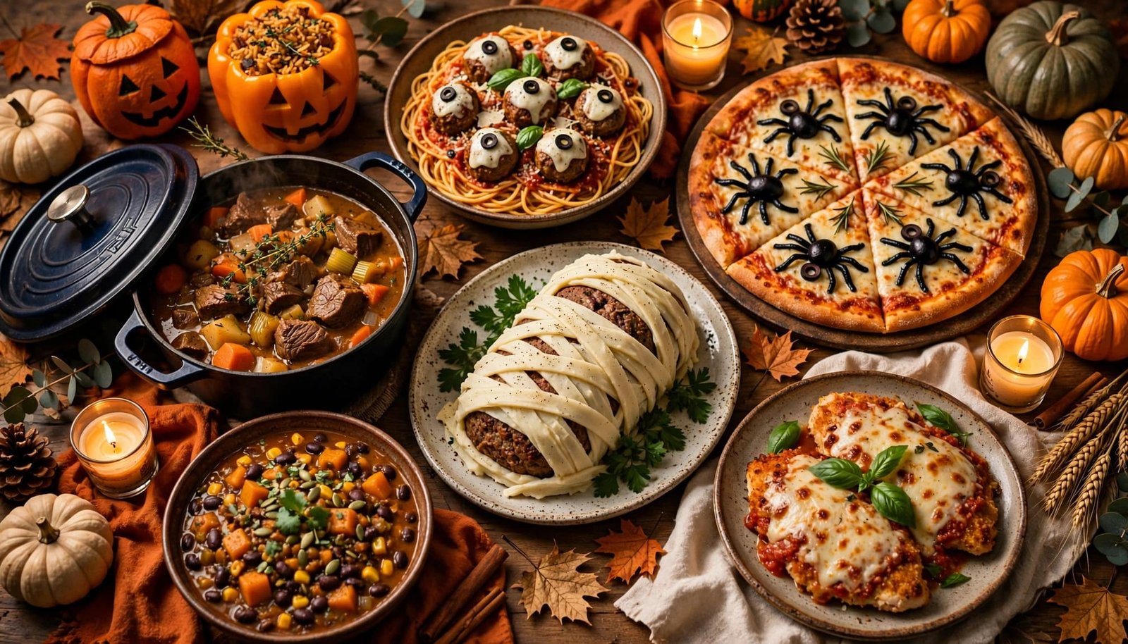 Seven spooky Halloween main dishes fill a candlelit table surrounded by pumpkins.