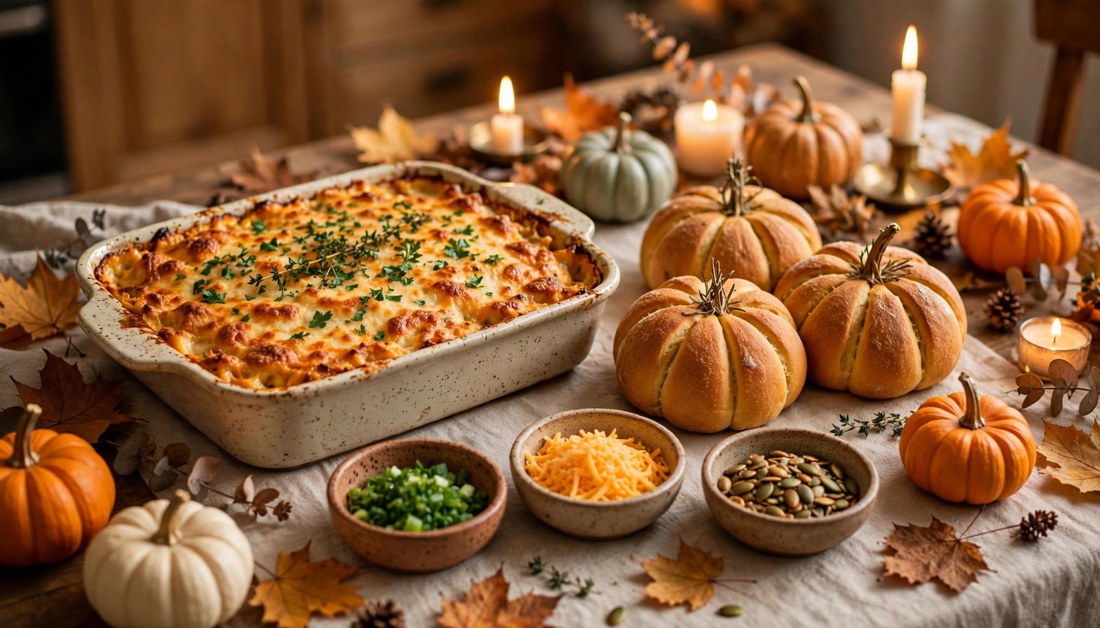 Halloween table with casserole, pumpkin bread, toppings, leaves, and candlelight.
