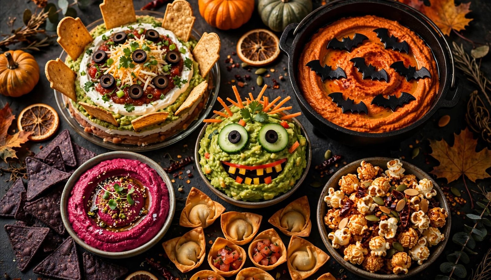 Colorful Halloween dips and crunchy snacks arranged on a dark table.