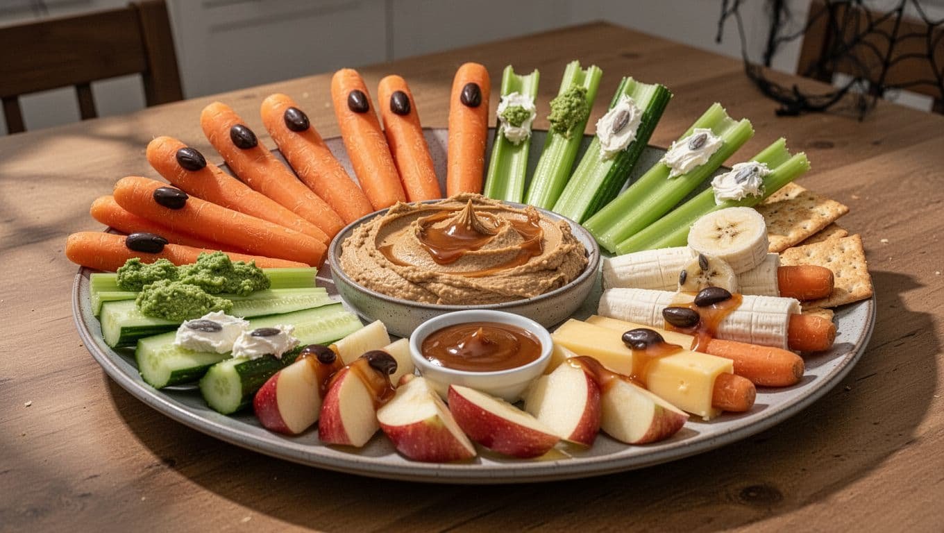 A colorful platter of Halloween-themed fruit and vegetable finger snacks with dips.