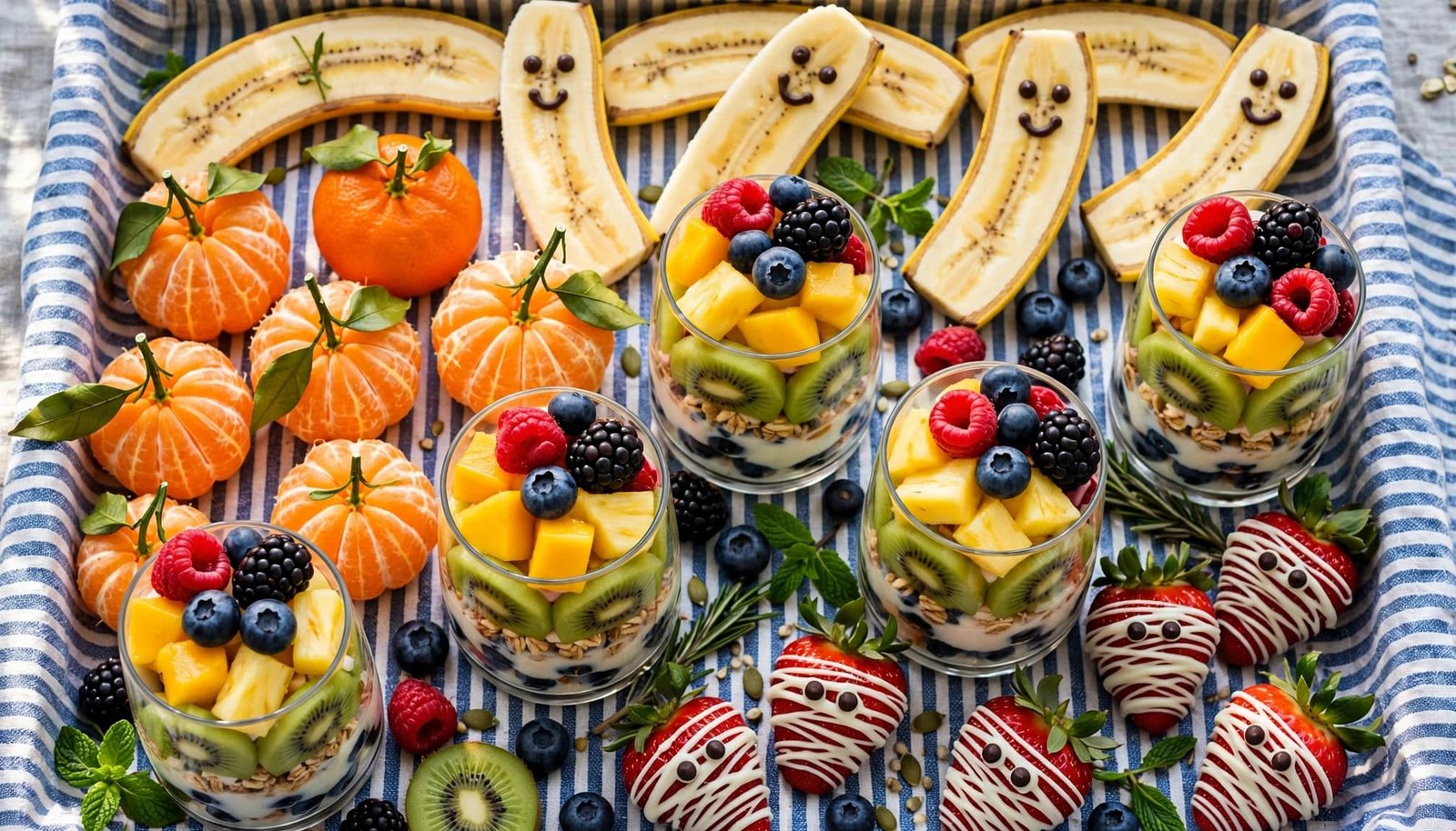 Fruit snacks shaped like ghosts and pumpkins sit on a lined tray.