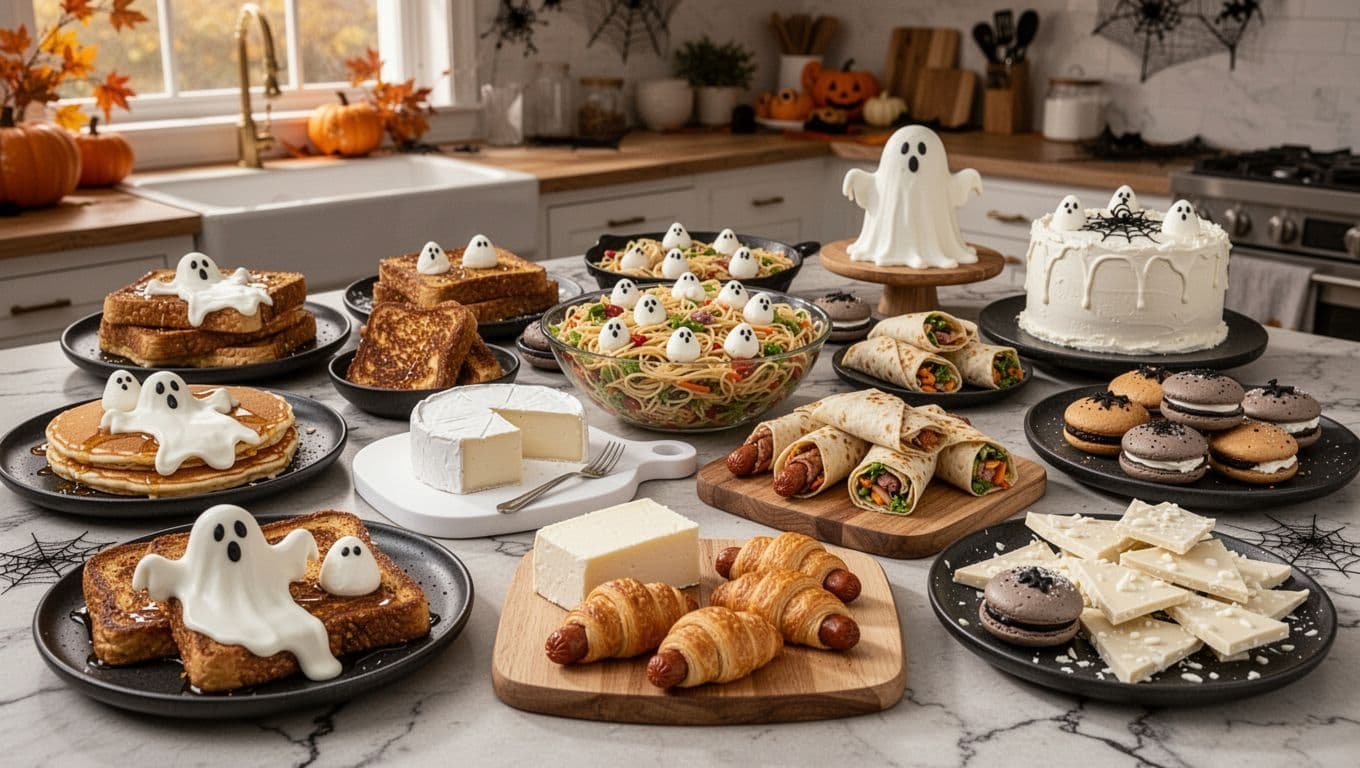 A Halloween buffet with ghost pancakes, pasta salad, cake, hot dogs, and assorted treats.