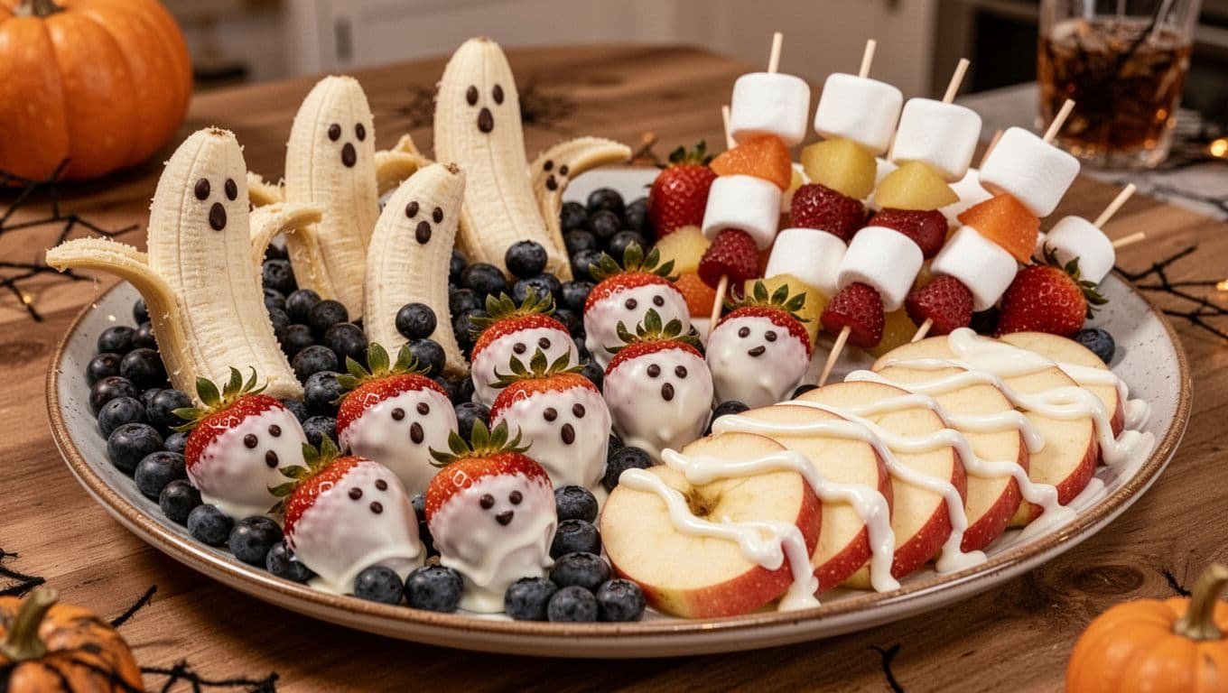 Halloween fruit ghosts, dipped strawberries, skewers, and yogurt-drizzled apple nachos on a platter.