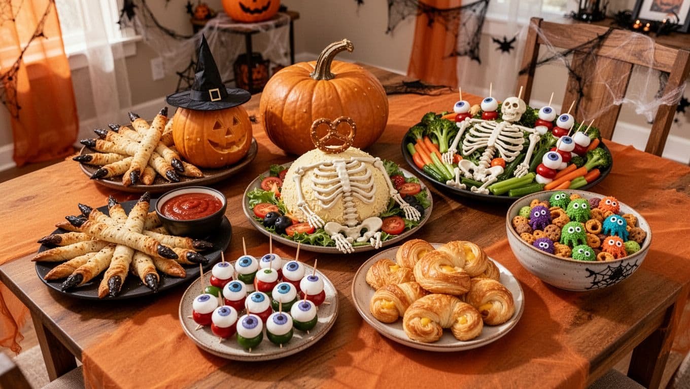 Six Halloween party dishes arranged across a warmly lit dining table.