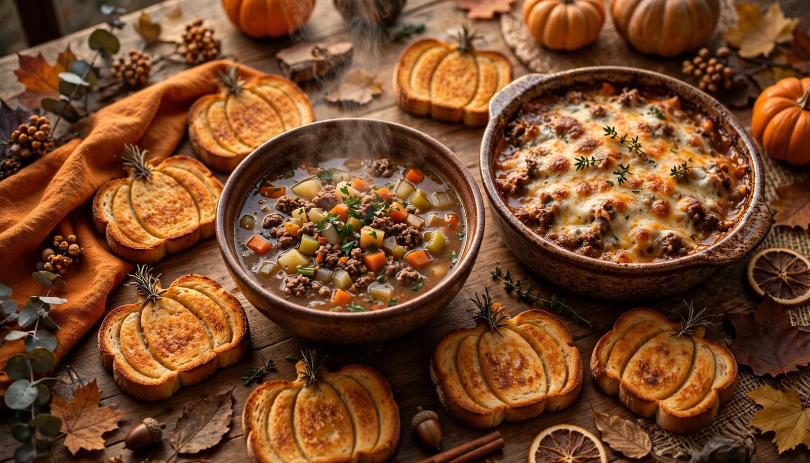 Halloween table with hamburger soup, beef casserole, pumpkin toast, and autumn decorations.