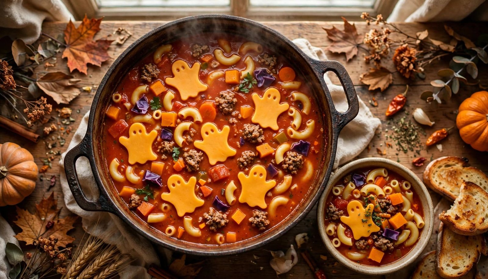 A pot of hamburger macaroni soup with cheddar ghosts, vegetables, bread, and one serving bowl.