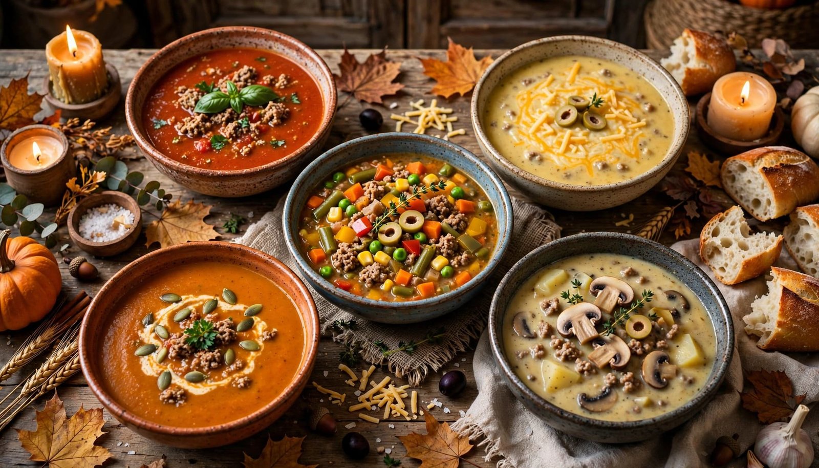 Five bowls of hamburger soup with bread and Halloween garnishes on a rustic table.