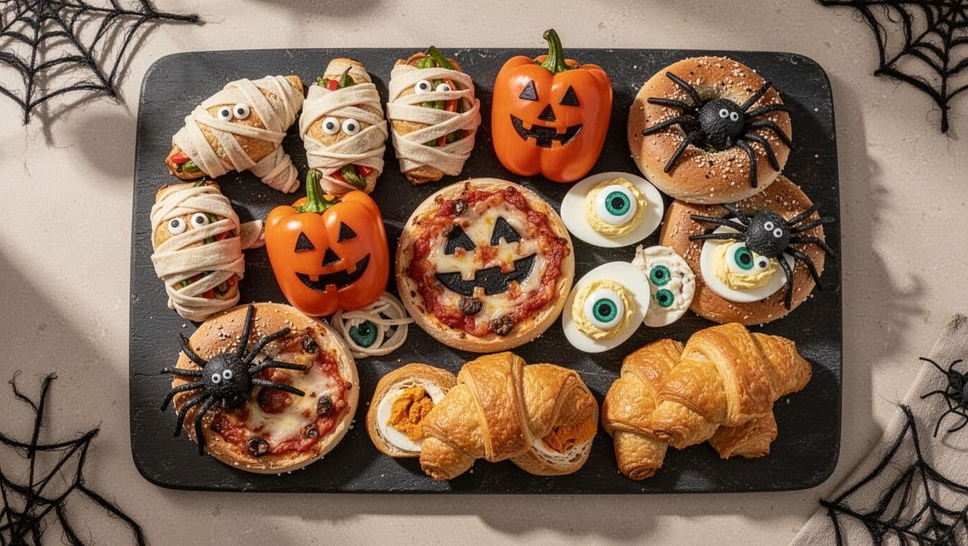 Halloween platter with mummy dogs, stuffed peppers, pizza bagels, deviled eggs, and pumpkin bites.
