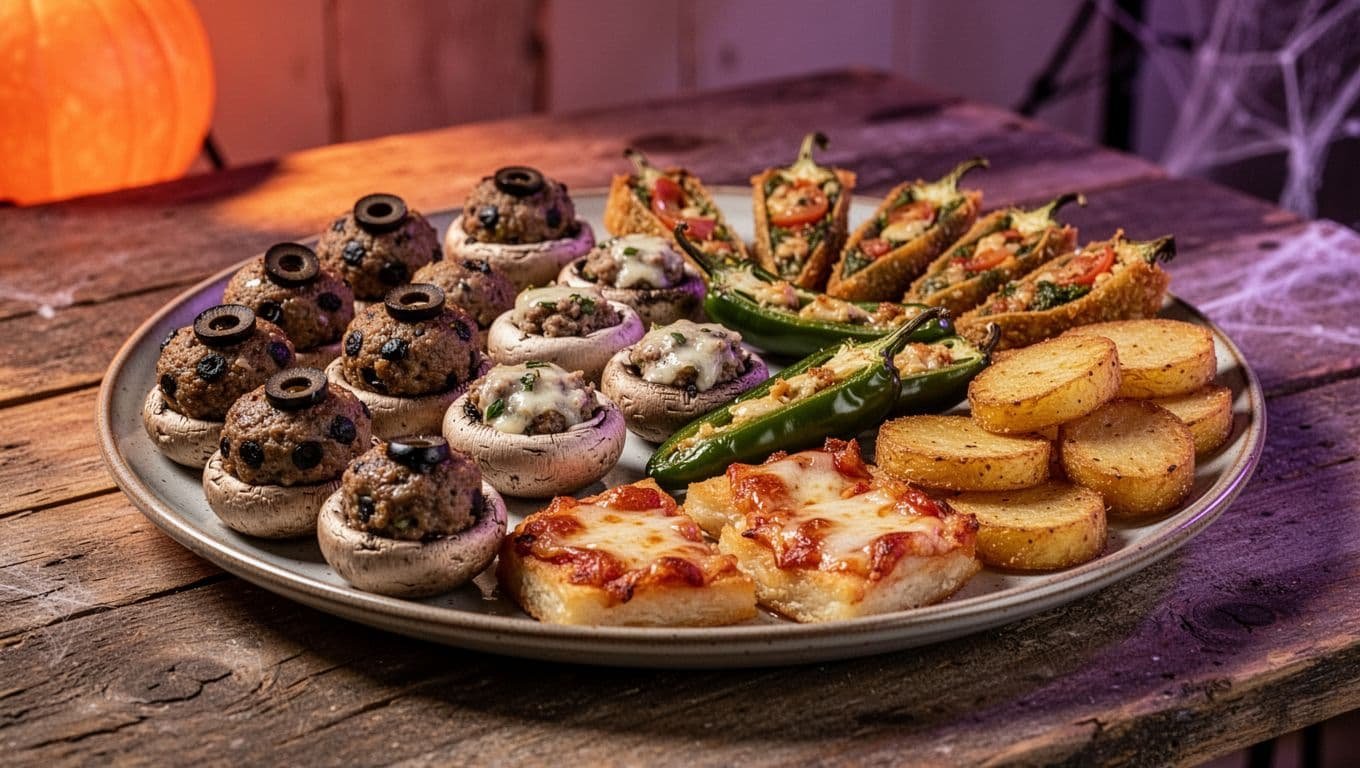 A platter of hot Halloween appetizers, including meatballs, mushrooms, poppers, pizza bites, and potatoes.