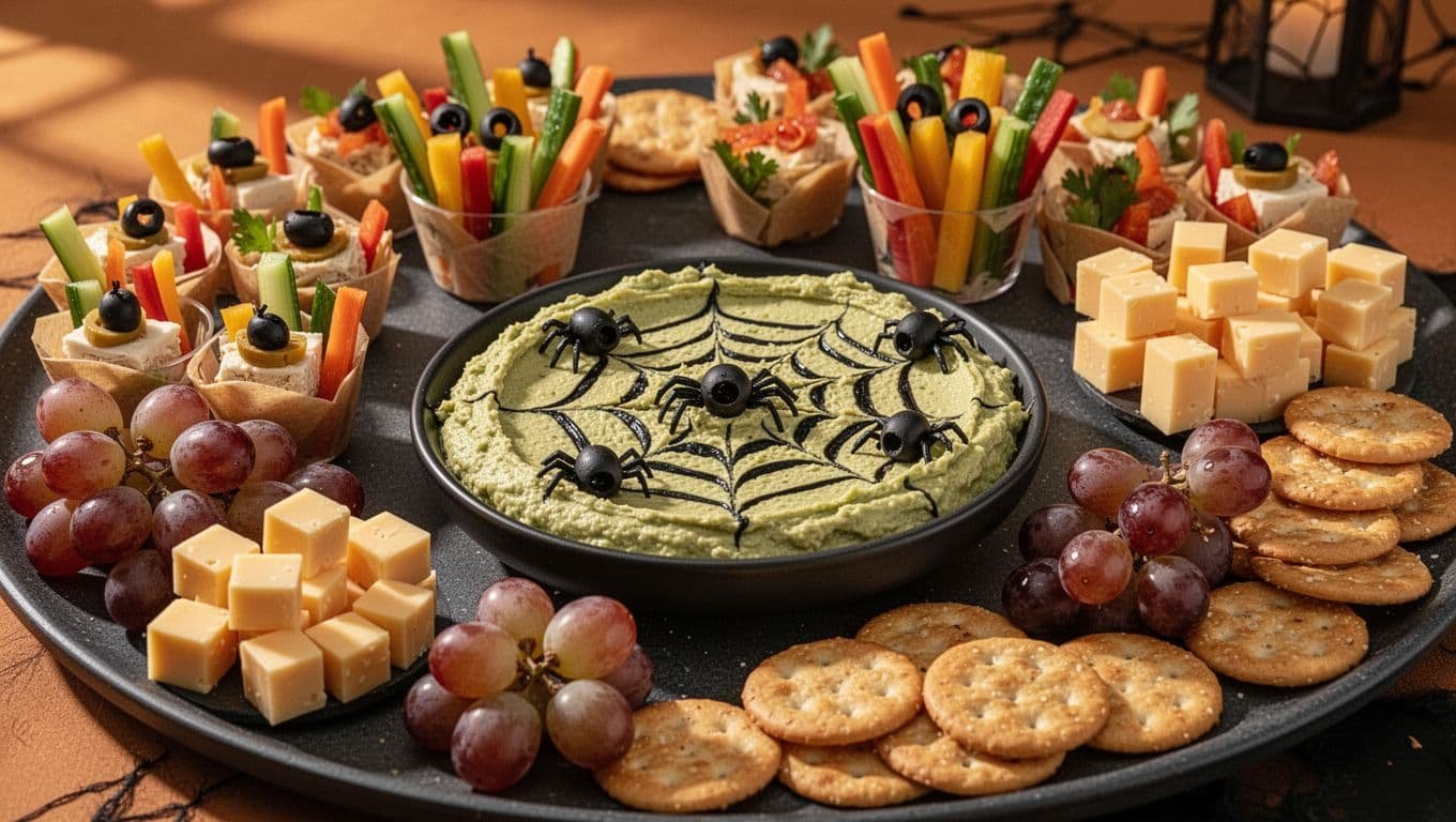Halloween dips and fresh snacks arranged on a dark serving table.