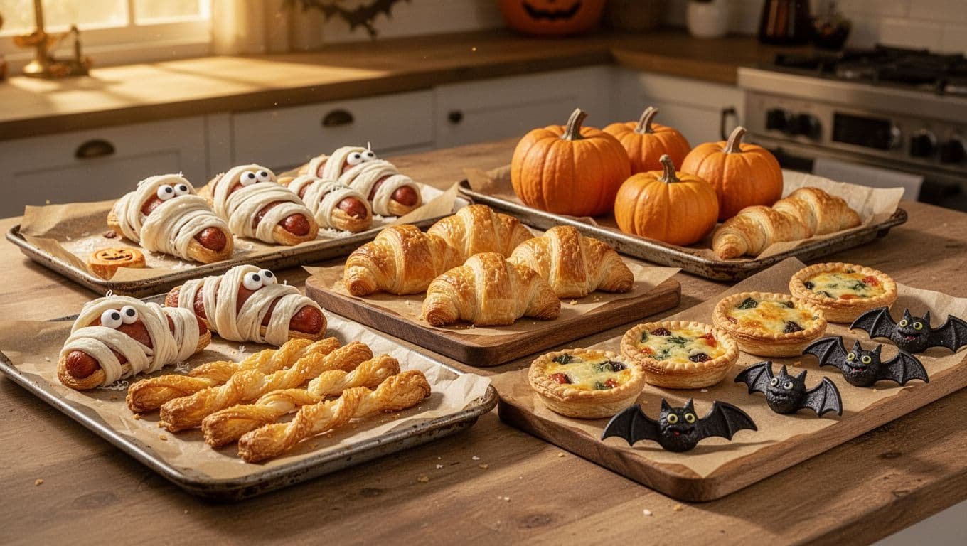 Halloween pastry snacks shaped like pumpkins, bats, and mummies on baking trays.