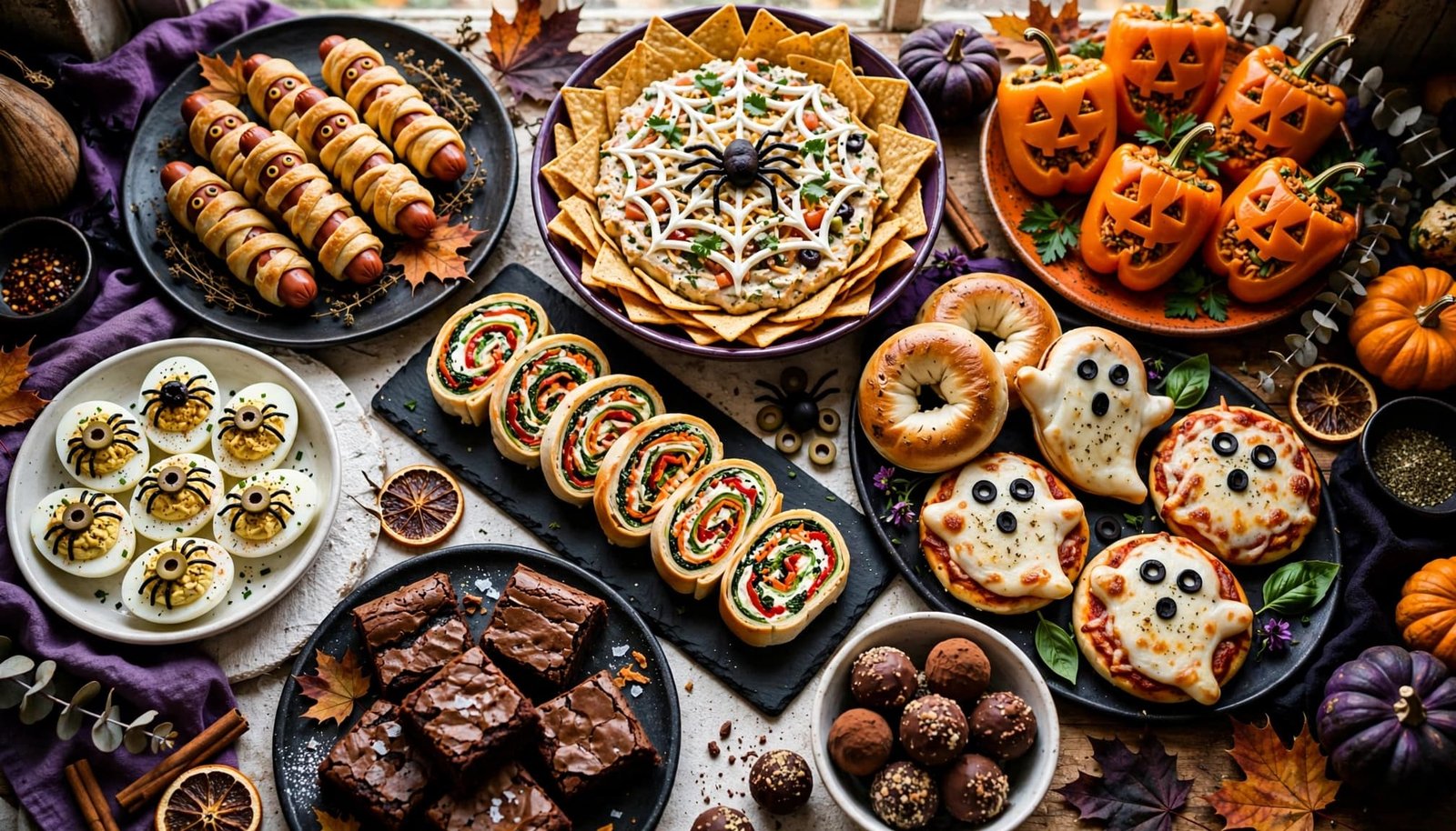 Halloween buffet with spooky snacks, stuffed peppers, dips, and sweets.