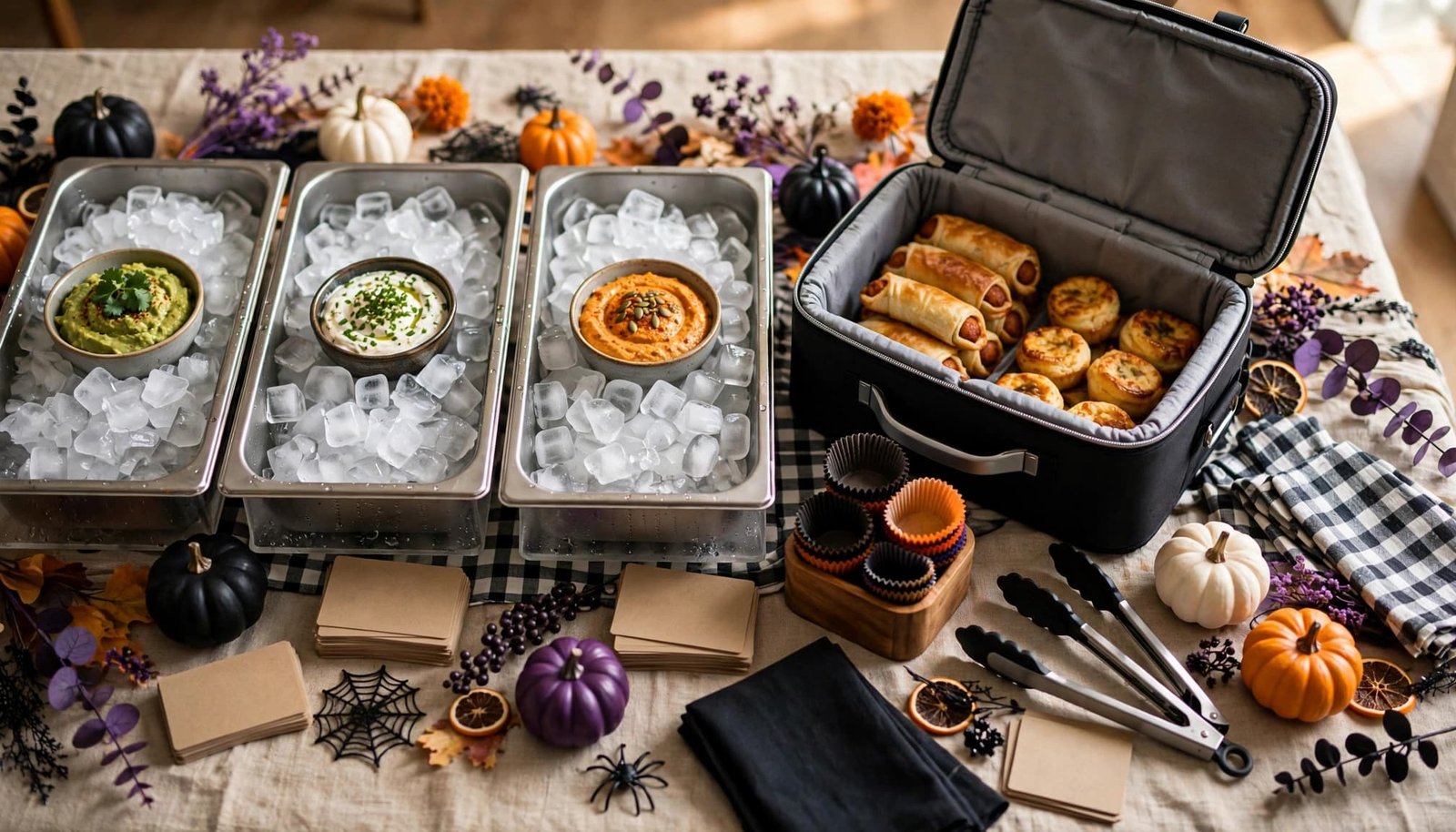 A Halloween buffet with chilled dips, warm snacks, tongs, cupcake liners, and allergen cards.
