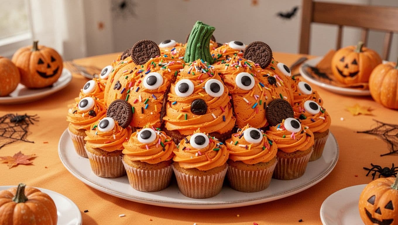 Pumpkin-shaped cupcakes with orange frosting, candy eyes, sprinkles, and cookie decorations.