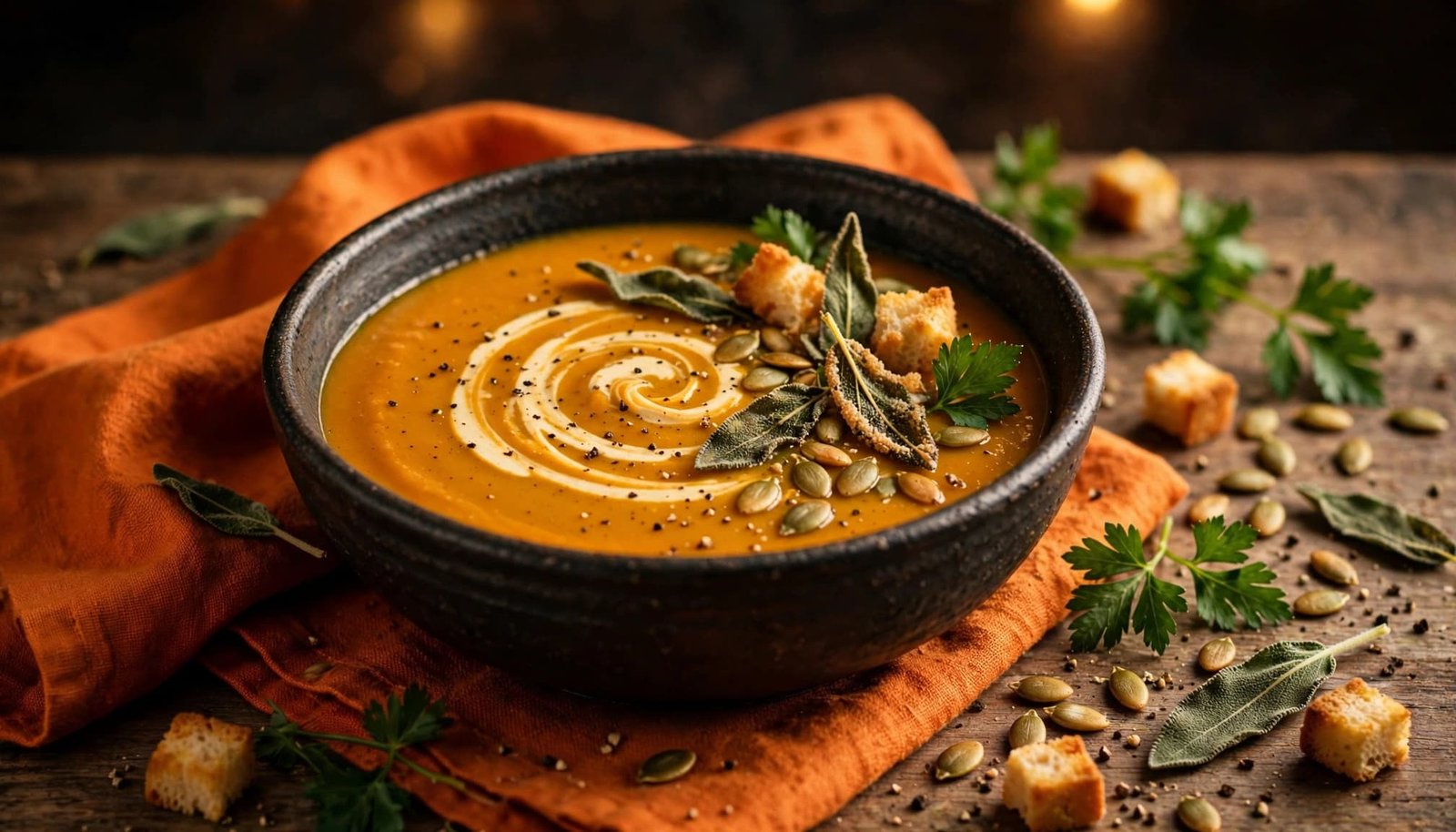 Pumpkin soup with cream, sage, seeds, parsley, pepper, and croutons on a dark plate.