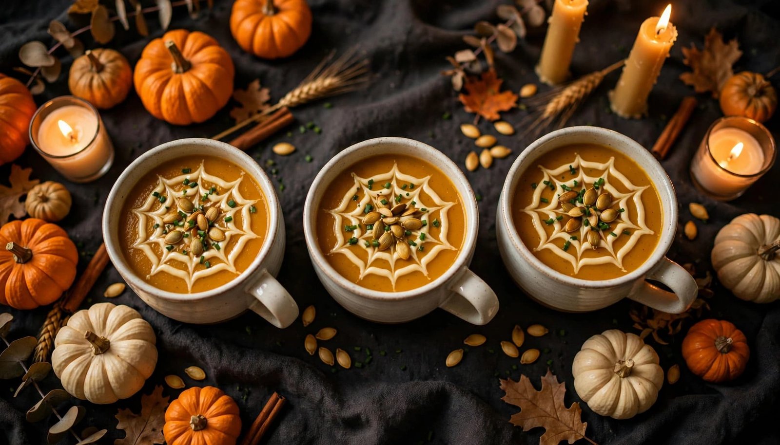 Three mugs of pumpkin soup with seeds and chives on a candlelit fall table.