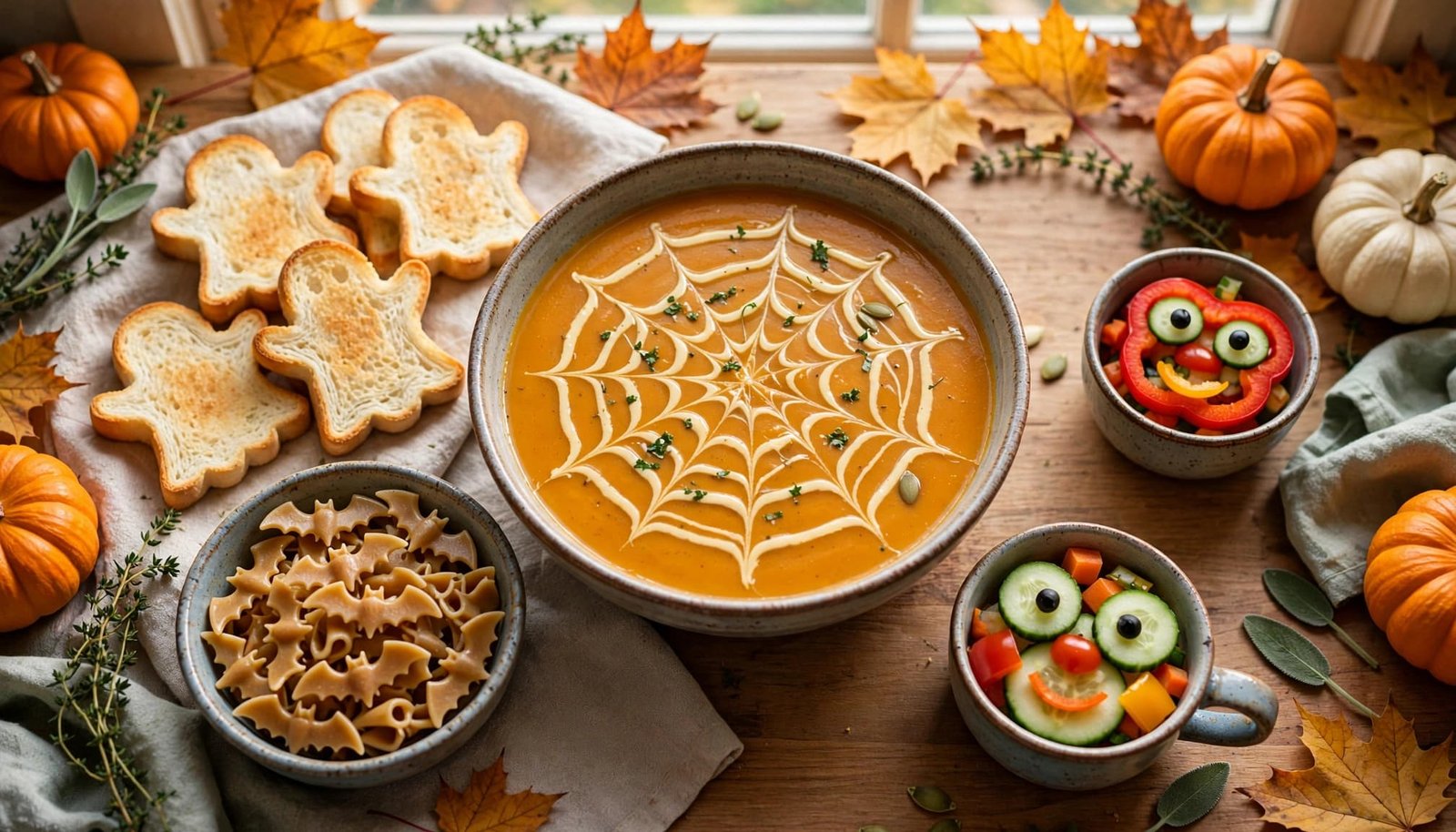 Pumpkin soup with ghost toast, bat pasta, cheese shapes, and vegetable faces on a family table.