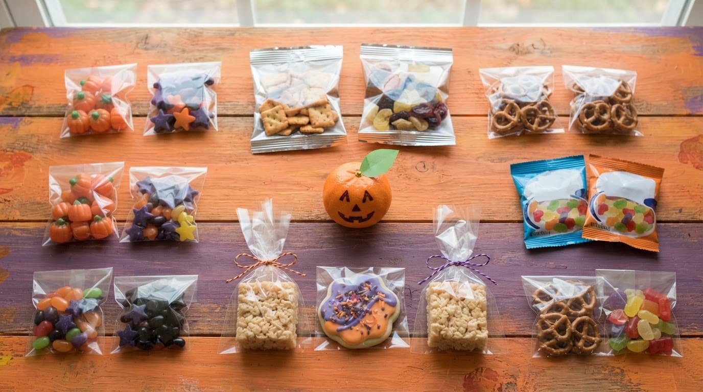 Halloween treats and snacks arranged neatly on an autumn-colored surface.
