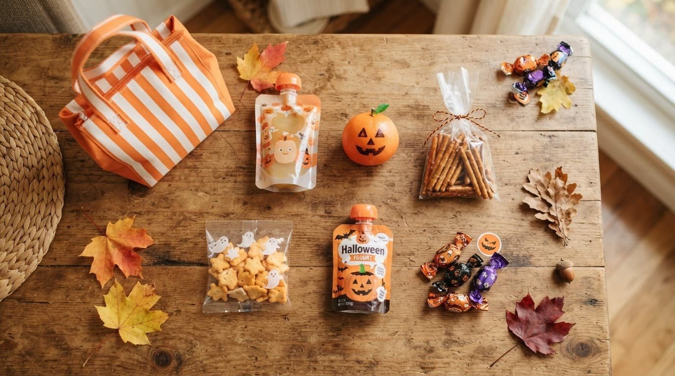 Six Halloween treats arranged beside a lunch bag and autumn leaves.