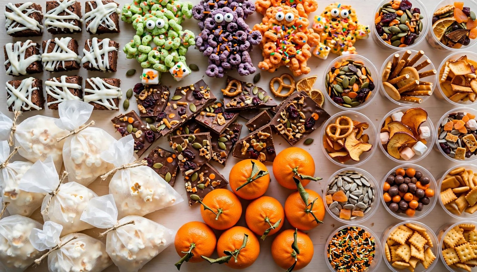 Overhead view of colorful Halloween treats arranged on a light table.