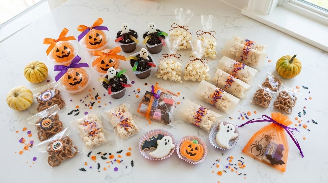 Individually packaged Halloween treats arranged on a kitchen counter.
