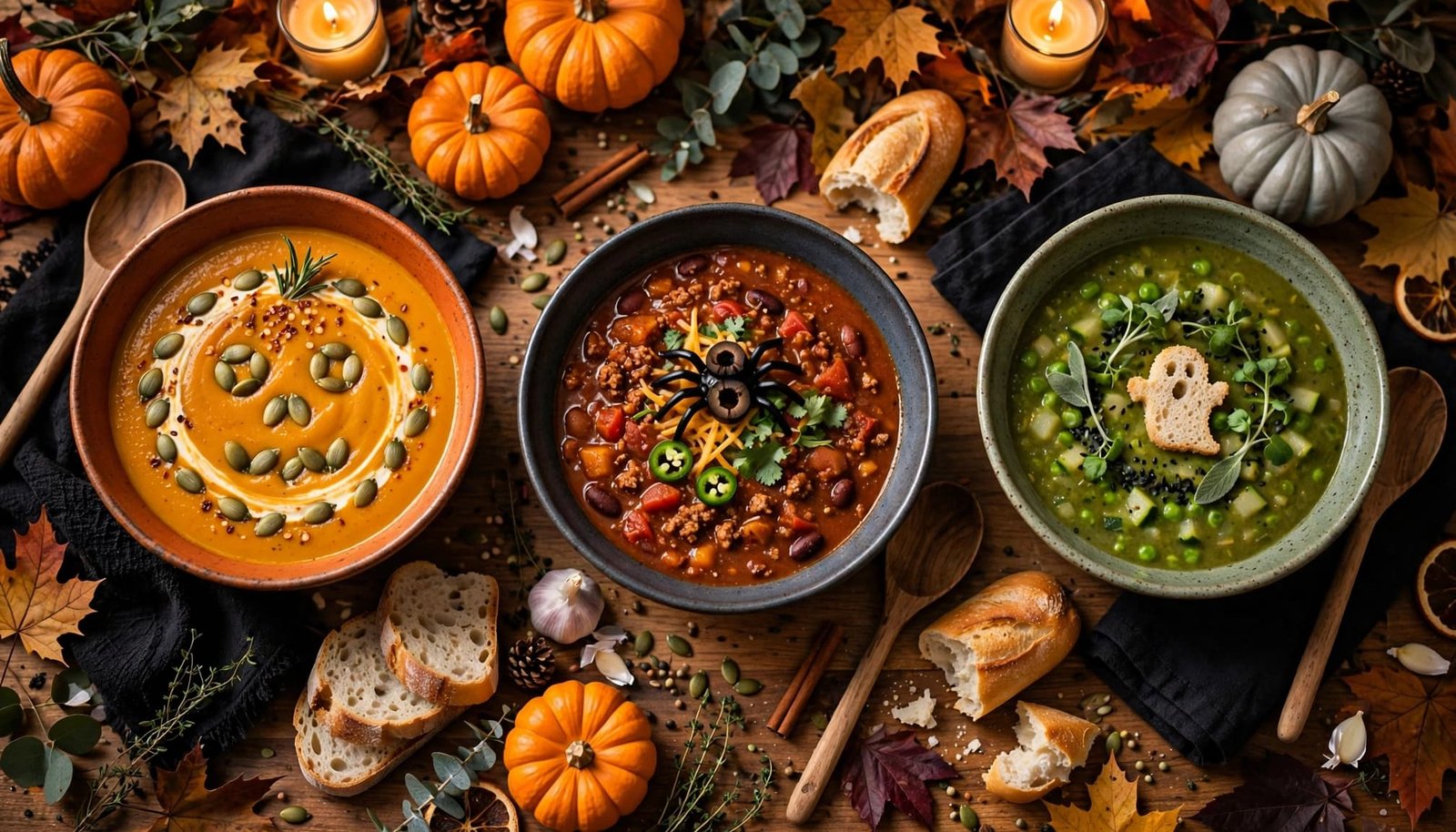 Three colorful soups with spooky garnishes on an autumn buffet table.