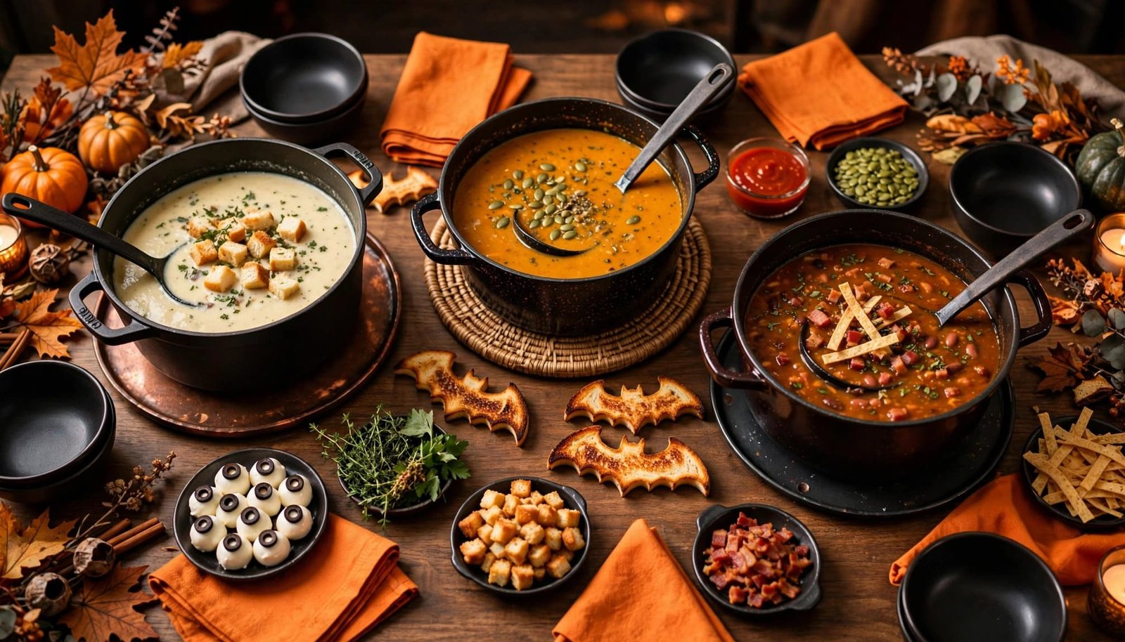 Three soup pots sit on a festive table with bowls, ladles, toast, and toppings.