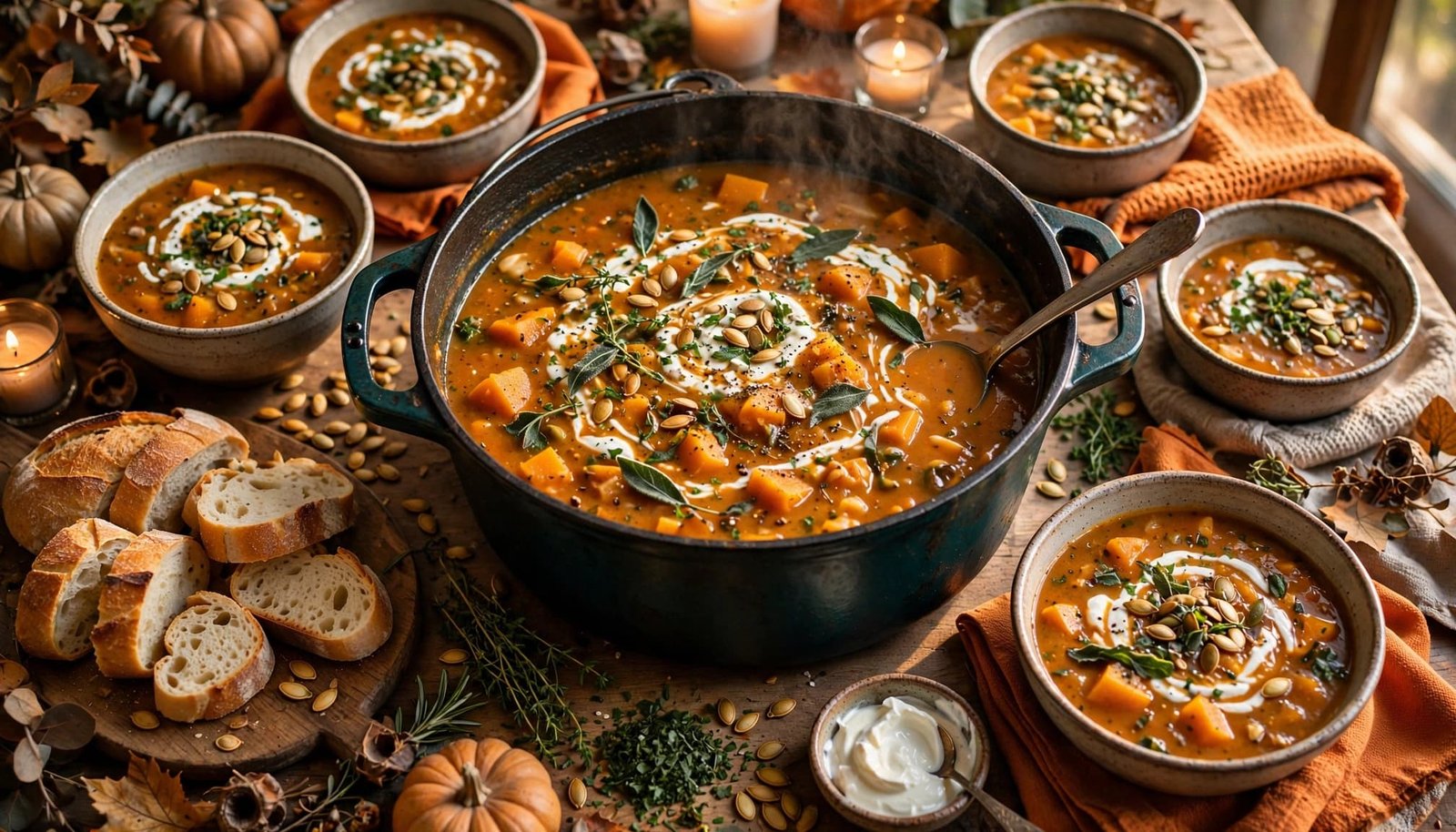 A Dutch oven of soup surrounded by bowls, bread, herbs, and autumn decorations.