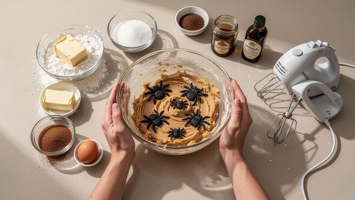 Two hands rest beside cookie dough and baking ingredients on a kitchen counter.