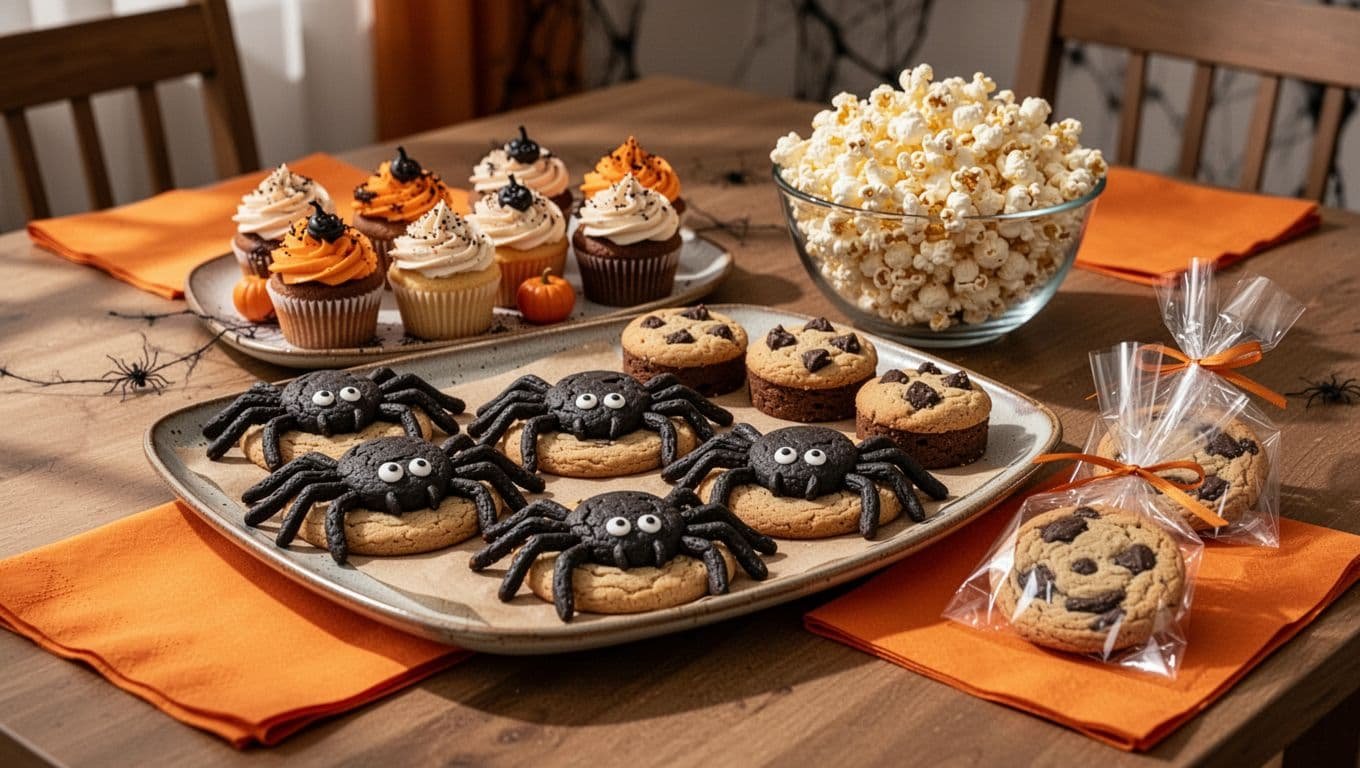 Halloween spider cookies, cupcakes, popcorn, and wrapped favors arranged on a serving table.